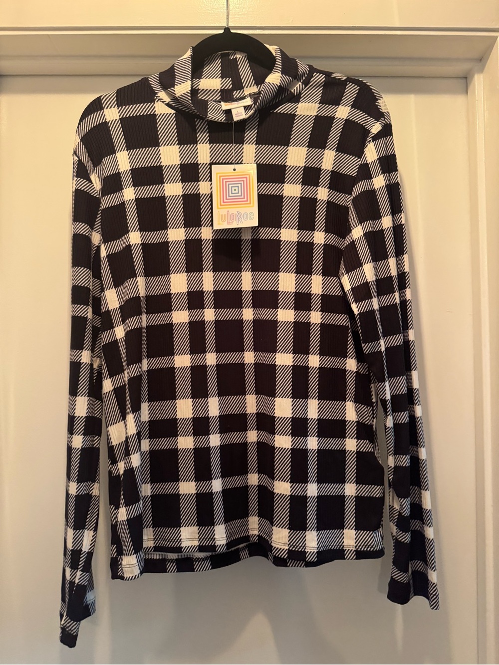 LuLaRoe Penelope Black and White Plaid Mock Turtleneck Sweater